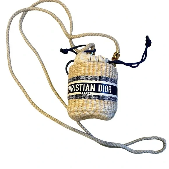 Christian Dior Wicker Bucket Bag Mini Straw Crossbody Navy Blue Natural GWP - Picture 6 of 7